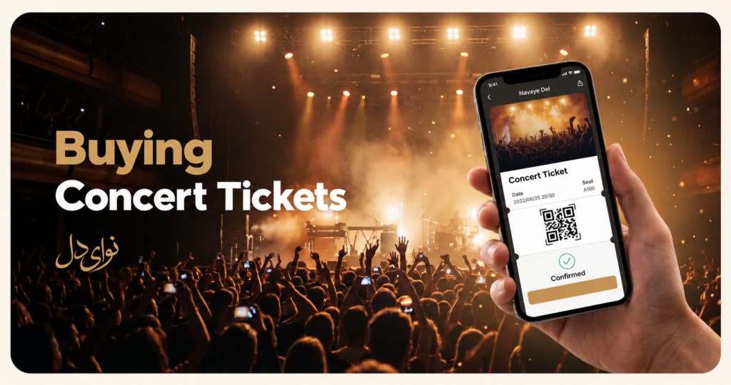 Buying concert tickets with a digital ticket on a phone at a live show